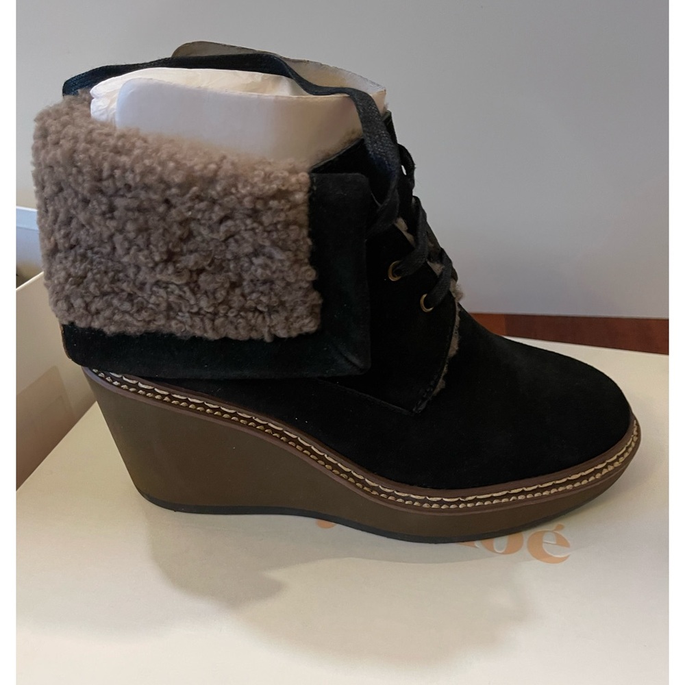 NWT See by Chloe Brasilia Wedge Black Suede Ankle Boots Size 36/Us Size 6
